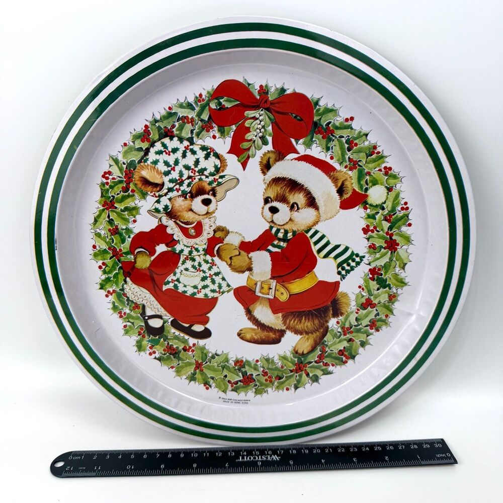 Vintage 1984 Tin Christmas Santa Bears Cookie Serving Tray Snp Chicago Platter